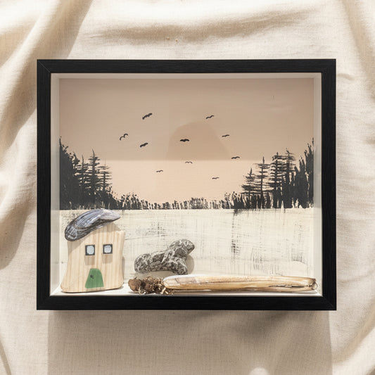 Maritimes Wandbild – handgefertigte Treibholz Deko mit Strandhaus & Dünen - maritime Deko, Handmade Geschenke