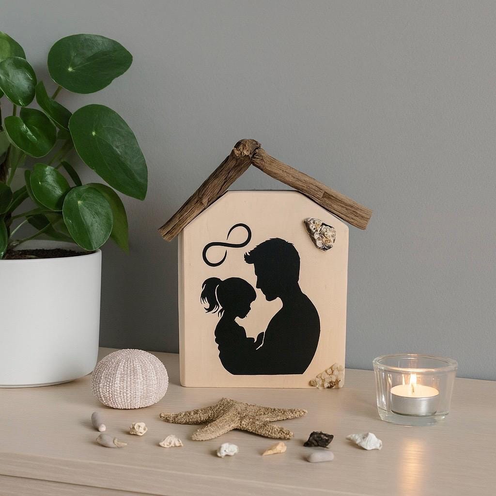 Holzdekoration als handgemachte Familien Deko in Hausform mit Silhouette von Vater und Kind und Treibholz-Dach.