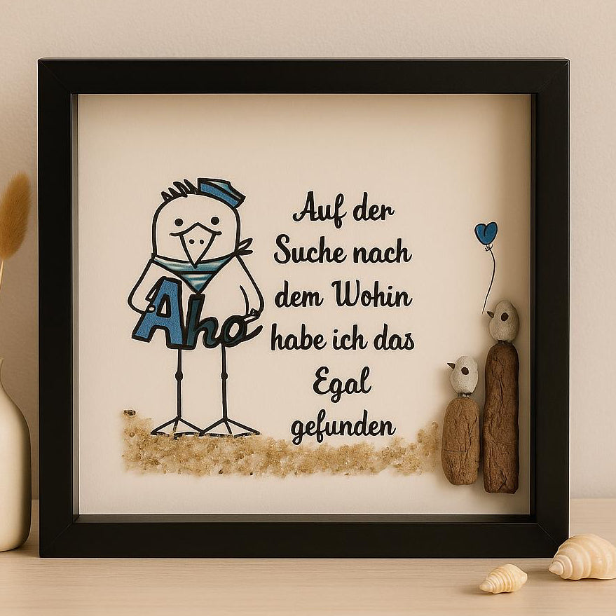 Maritimes Wandbild mit Möwe & Spruch – Handmade Geschenke mit Strandgut im Rahmen | Maritime Deko von Treibholzzauber79