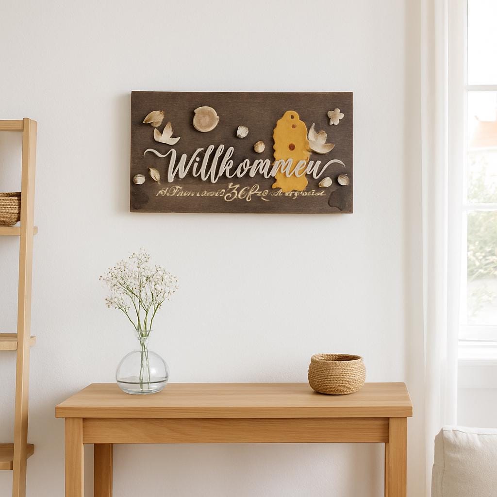 Ein braunes Holzschild mit dem Wort "Willkommen" in weißer Schrift, mit dekorativen Elementen und Text von Treibholzzauber79