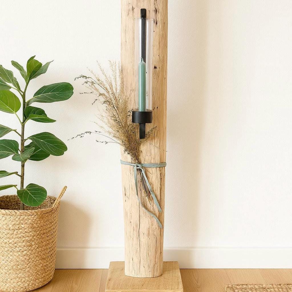 Wandkerzenhalter aus Holz Eiche mit Glas, Handmade Geschenke, natürlicher Blickfang für gemütliche Wohnatmosphäre. Hygge Deko, Boho Wanddeko – Handmade aus Eiche von Treibholzzauber79