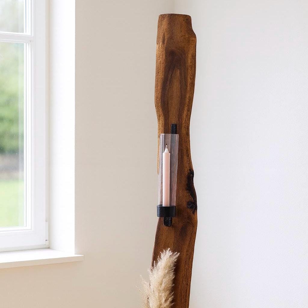 Wandkerzenhalter aus Holz Eiche mit Glas, Handmade Geschenke, natürlicher Blickfang für gemütliche Wohnatmosphäre. Hygge Deko, Boho Wanddeko – Handmade aus Eiche von Treibholzzauber79
