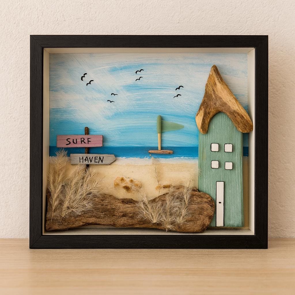 Maritimes Wandbild – handgefertigte Treibholz Deko mit Strandhaus & Dünen - maritime Deko, Handmade Geschenke