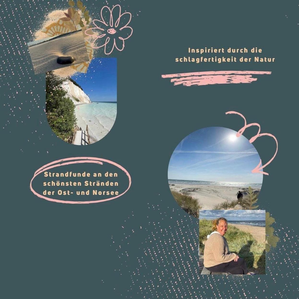 Ein tealfarbener Hintergrund mit Strandansichten und Text von Treibholzzauber79