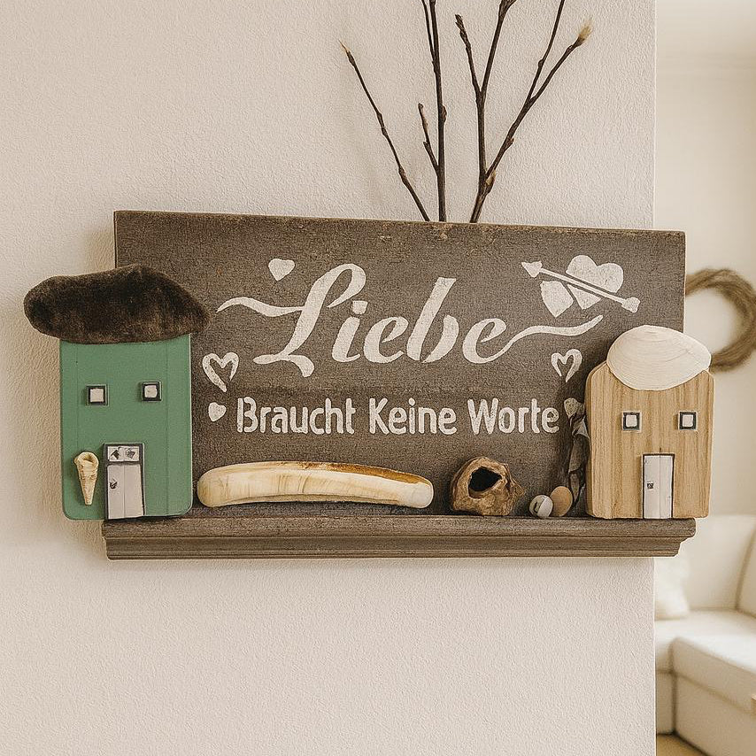 Maritime Vintage Wanddeko mit Schriftzug, Liebe braucht keine Worte, zwei kleinen Holzhäuschen und Strandfunden