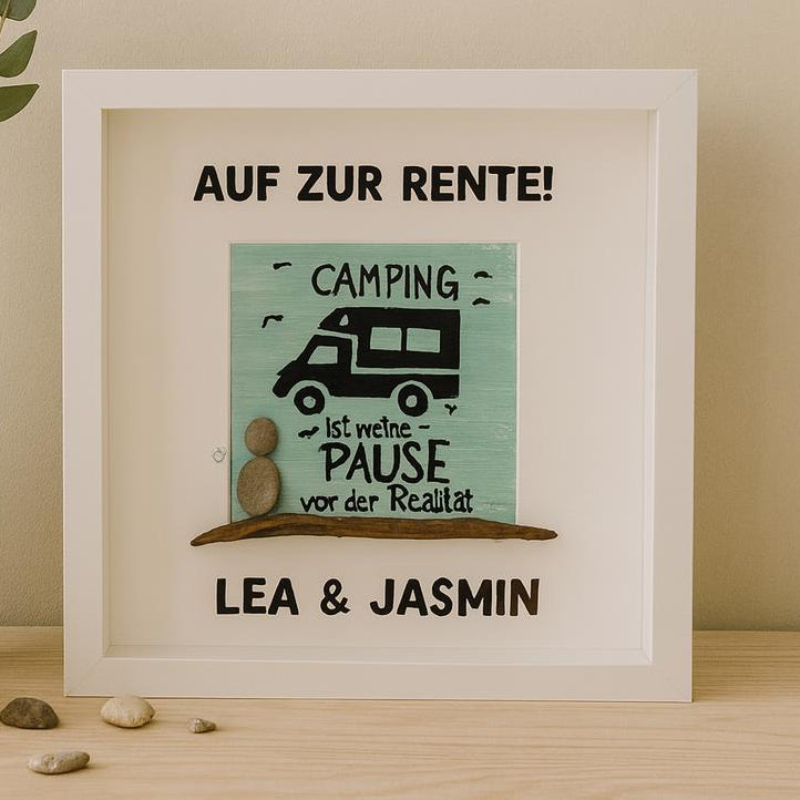 Personalisierter Bilderrahmen mit Wohnmobil Motiv und einem Steinbild handgefertigt von Treibholzzauber79