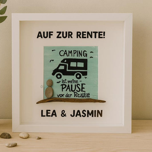 Personalisierter Bilderrahmen mit Wohnmobil Motiv und einem Steinbild handgefertigt von Treibholzzauber79