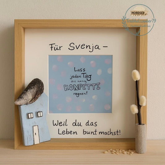 Personalisierter Bilderrahmen mit Strandfund-Haus, Muschel und Donnerkeil - Geschenk mit dem Schriftzug