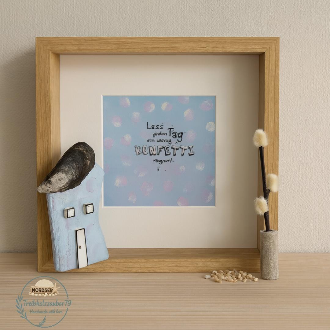 Personalisierter Bilderrahmen mit Strandfund-Haus, Muschel und Donnerkeil - Geschenk mit dem Schriftzug