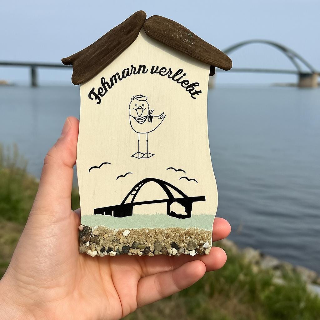 Maritimes Holzhäuschen mit Möwe, Fehmarnsundbrücke und Steinrand - gehalten in einer Hand vor heller Deko.