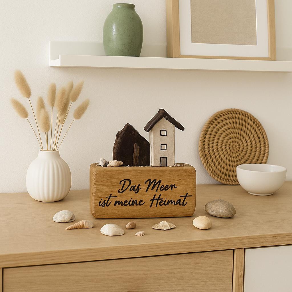 Maritime Deko "Das Meer ist meine Heimat" mit kleinem Treibholzhaus auf einem Sideboard mit Muscheln und Naturmaterialien
