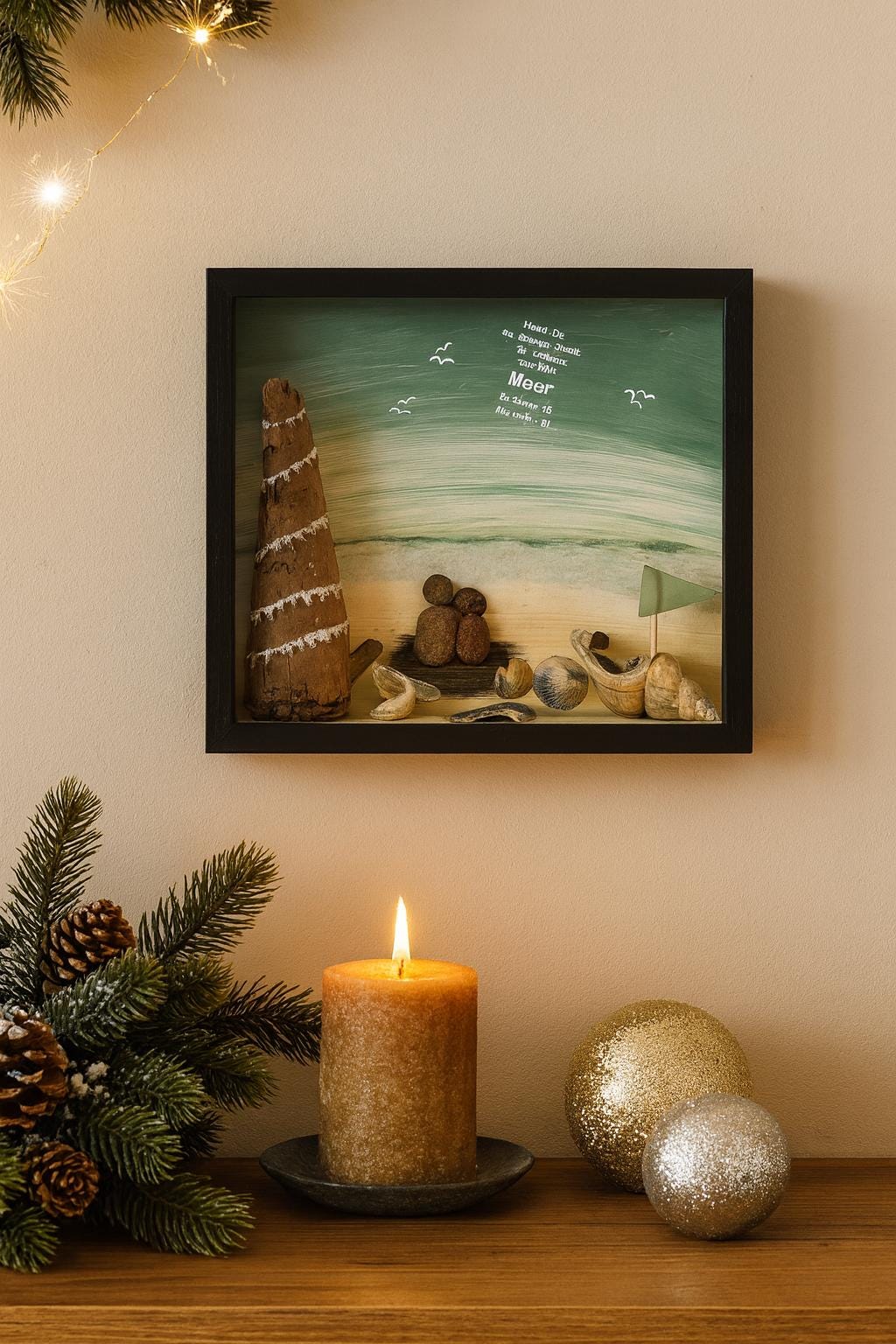 Maritimes Treibholz Wandbild 27x22 cm mit Strandmotiven und Muschelkunst - handgemachtes Küstenbild im schwarzen Holzrahmen