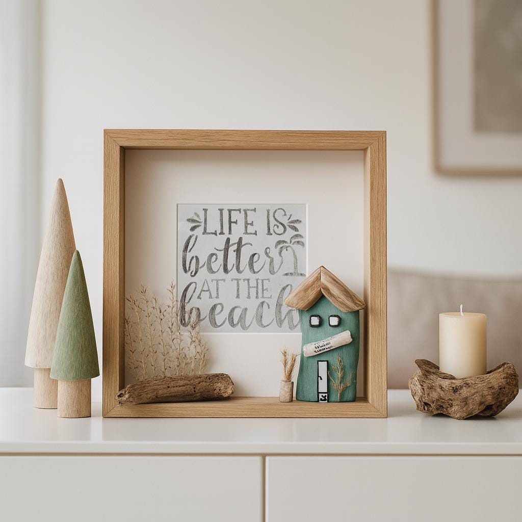 Rahmenbild Life is better at the beach – Maritime Deko mit Strandhaus aus Treibholz | Skandinavische Küstendeko | Handgemacht