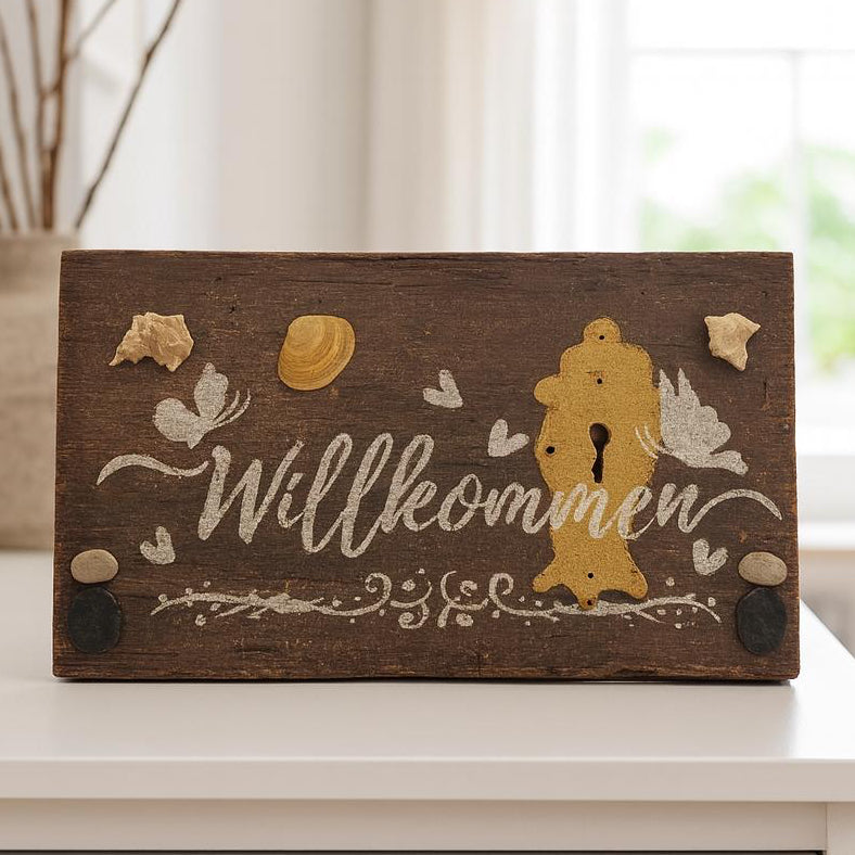 Willkommen Wandschild aus alter Eiche | Rustic Welcome Sign | 100 Jahre altes Holz – Handgemachte nordische Wanddeko