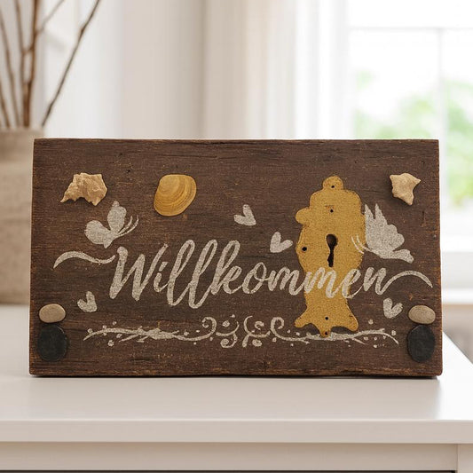 Willkommen Wandschild aus alter Eiche | Rustic Welcome Sign | 100 Jahre altes Holz – Handgemachte nordische Wanddeko