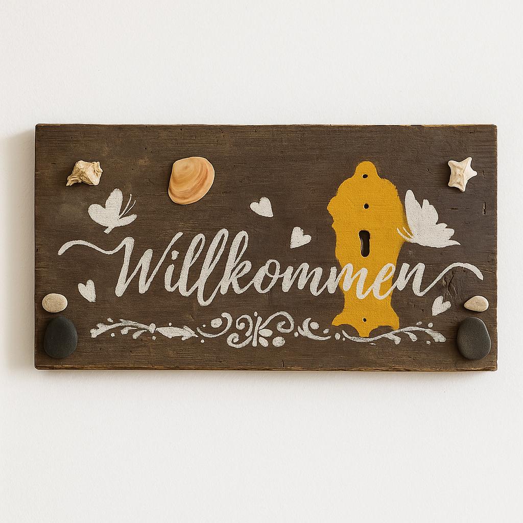 Ein rechteckiges Holzschild mit dem Wort "Willkommen" in weißer Schrift. Das Schild zeigt ein gelbes Schlüsselloch-Design