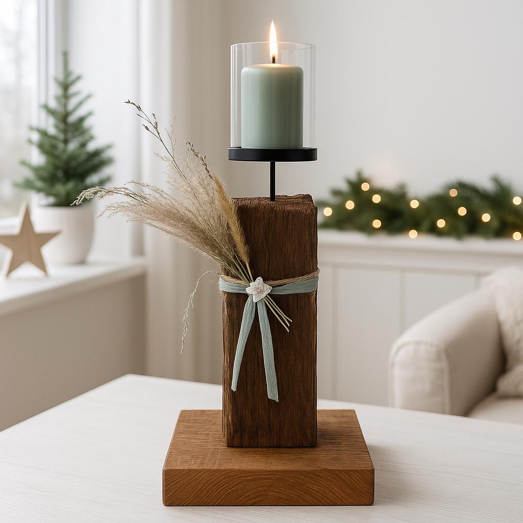 Kerzenhalter aus Eichenholz mit Trockenblumen und Muschel – skandinavische Weihnachtsdeko
