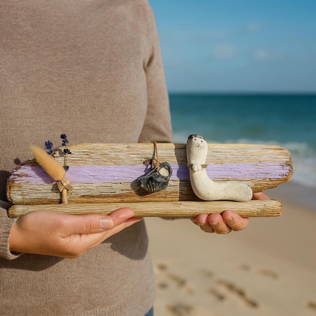 Handgefertigte Treibholz-Deko 39 cm – Maritime Tischdekoration mit Hühnergott, Feuerstein u. Muscheln – Driftwood Coastal Art