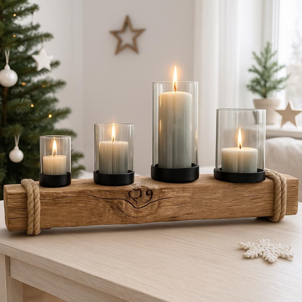 Treibholz Adventskerzenhalter mit vier brennenden Kerzen und Glaszylinder im skandinavischen Weihnachtsambiente.