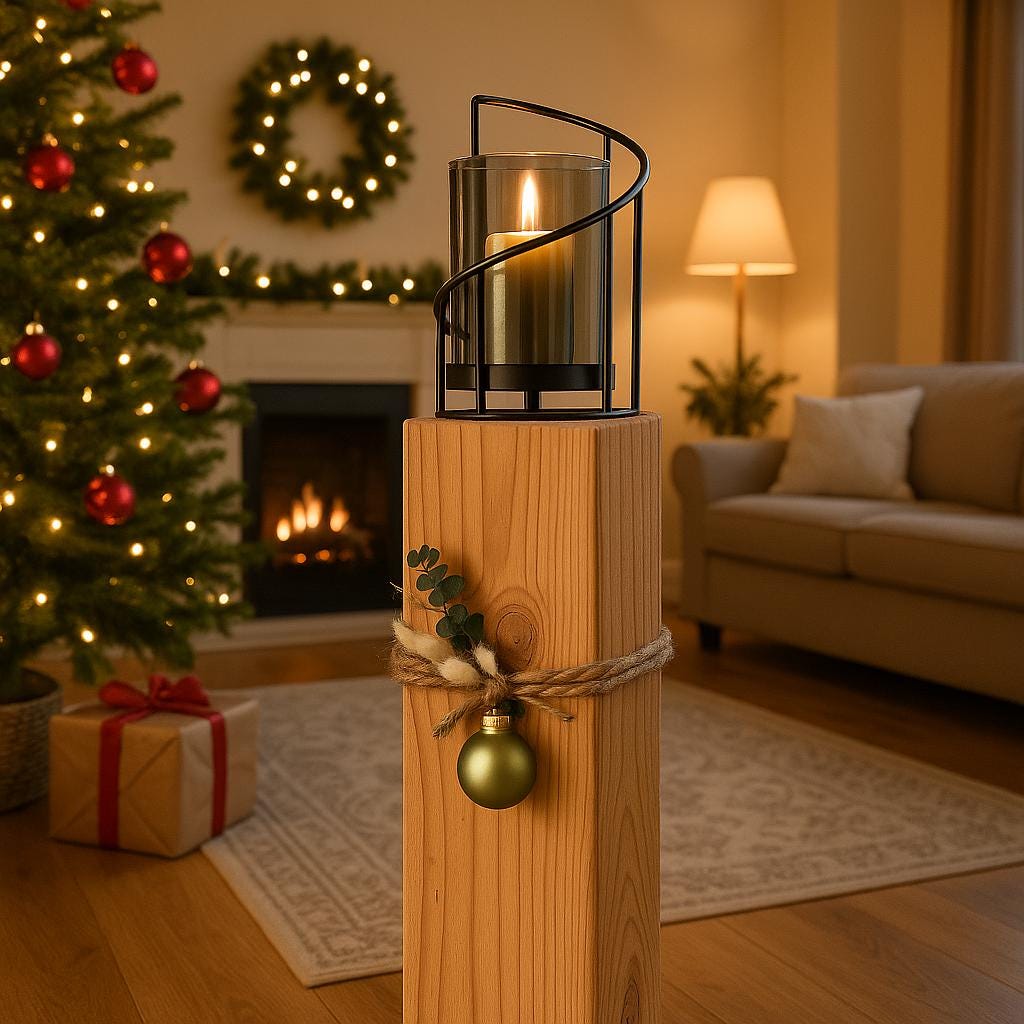 Holz-Kerzenständer aus Lerche mit schwarzem Rauchglas, weihnachtlicher Deko und Eukalyptus - präsentiert in einem warmen, skandinavischen Wohnzimmer.