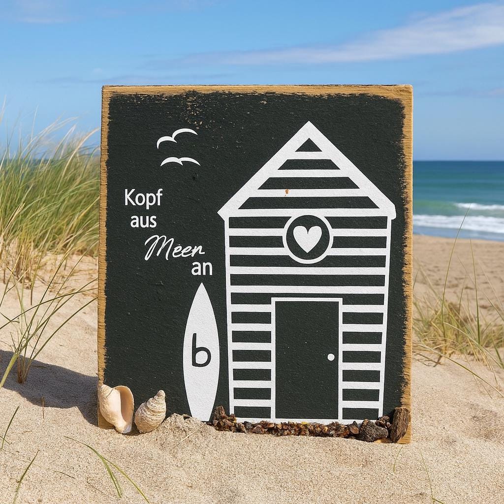 Maritimes Holzschild mit Muscheln, Strandhaus, Surfbrett und Schriftzug, dekoriert am Sandstrand vor Dünen und Meer.