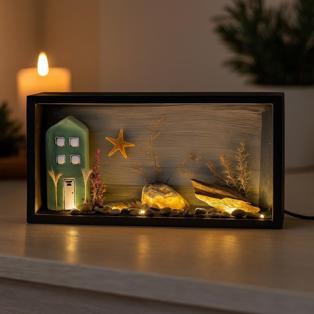 Beleuchtete Maritime Deko im Rahmen 30x10x25 cm – Handgemachte Küstenszene mit USB-Licht | Handmade von Treibholzzauber79