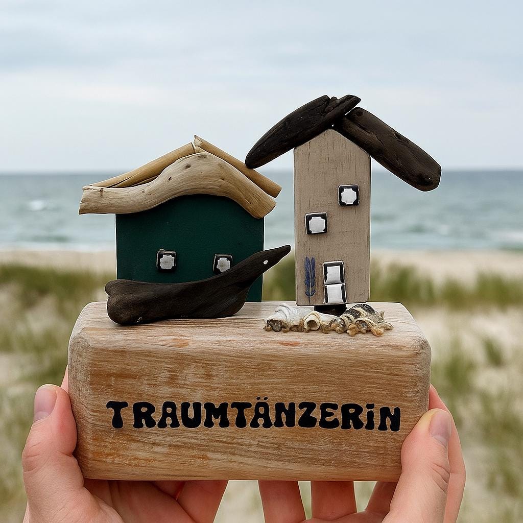 Traumtänzerin maritime Deko aus Treibholz mit kleinen Häusern, handgemachtes Unikat