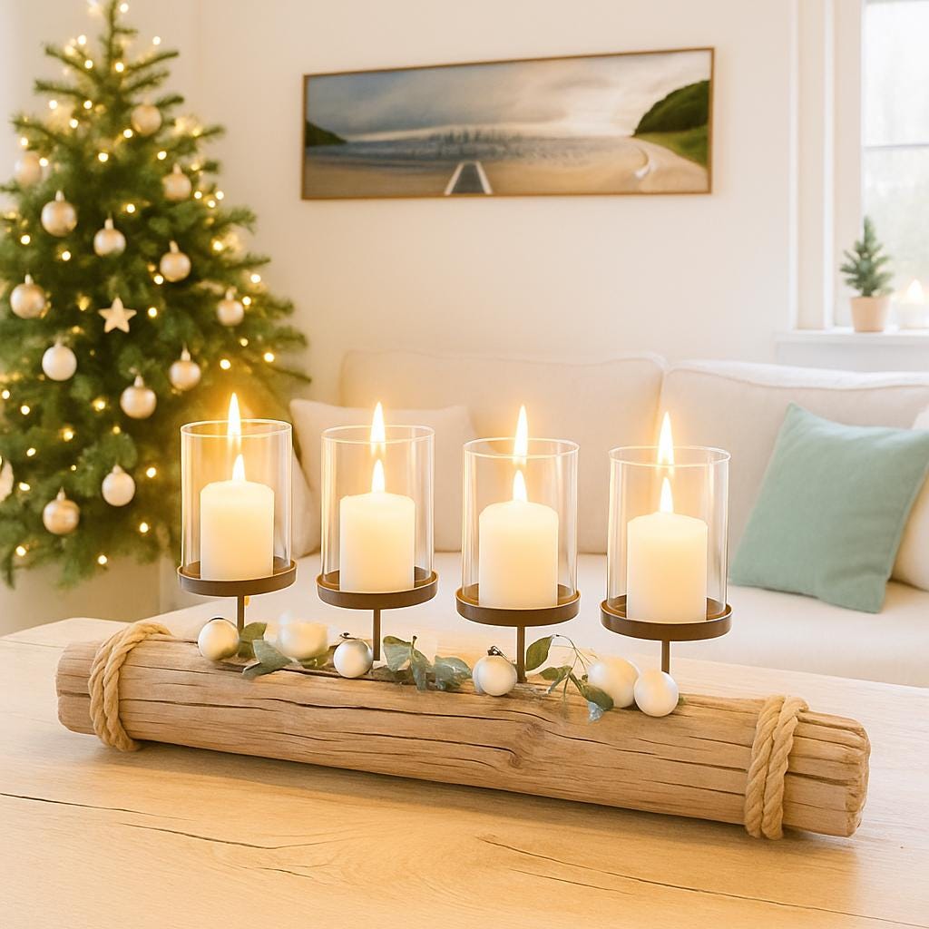 Adventskerzenhalter aus Treibholz | Nordic Christmas Candle Holder | Handgemachte Küstendeko – Handmade aus Eukalyptus, Trockenblumen, Eiche, Treibholz Nordsee, Zapfen, Weihnachtskugeln, Glaszylinder, Kerzenhalter schwarz, Altholz Eiche von Treibholzzauber79