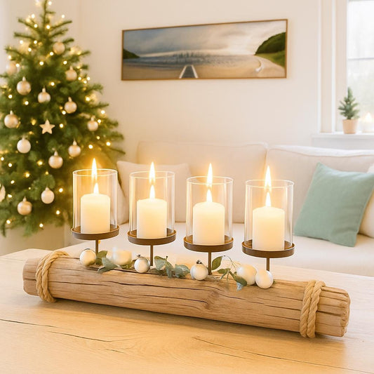 Adventskerzenhalter aus Treibholz | Nordic Christmas Candle Holder | Handgemachte Küstendeko – Handmade aus Eukalyptus, Trockenblumen, Eiche, Treibholz Nordsee, Zapfen, Weihnachtskugeln, Glaszylinder, Kerzenhalter schwarz, Altholz Eiche von Treibholzzauber79