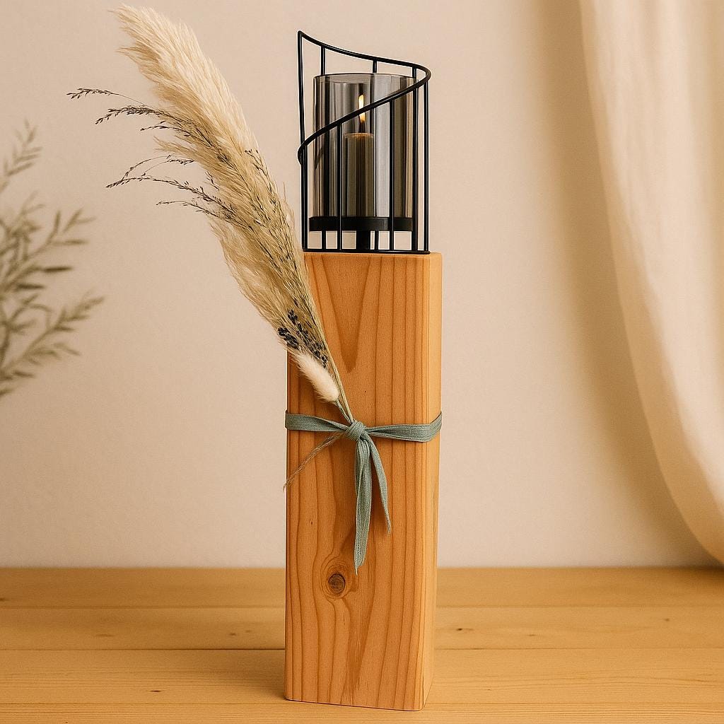 Hoher Kerzenhalter aus massivem Lärchenholz, schlicht und minimalistisch inszeniert