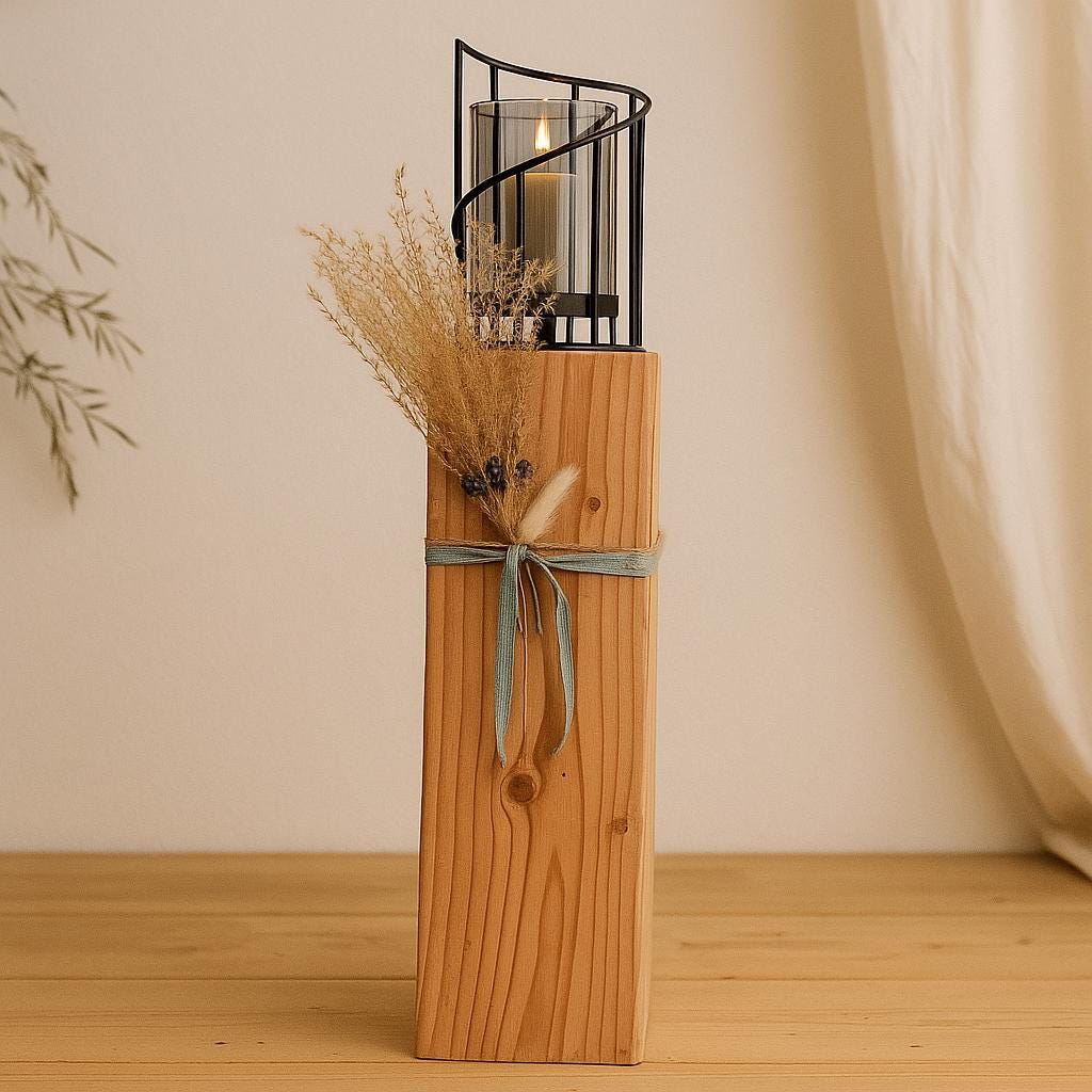 Handgefertigter Bodenkerzenhalter aus massivem Lärchenholz mit Metall und Glas, natürliche Holzmaserung