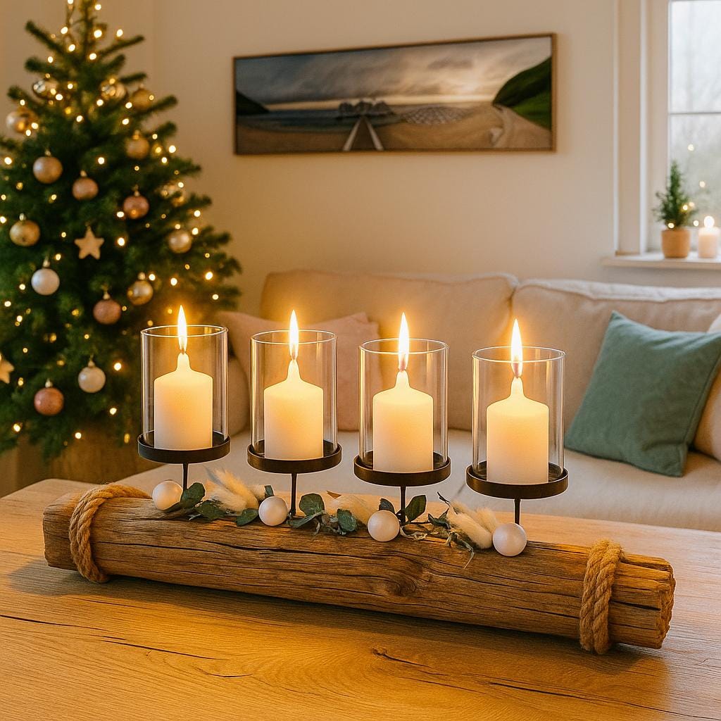 Adventskerzenhalter aus Treibholz | Nordic Christmas Candle Holder | Handgemachte Küstendeko – Handmade aus Eukalyptus, Trockenblumen, Eiche, Treibholz Nordsee, Zapfen, Weihnachtskugeln, Glaszylinder, Kerzenhalter schwarz, Altholz Eiche von Treibholzzauber79