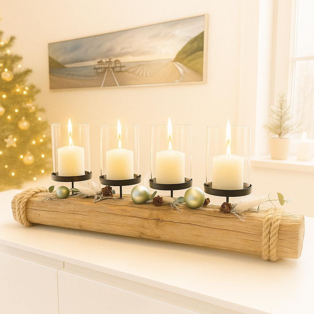 Treibholz Adventskerzenhalter mit vier brennenden Kerzen und Glaszylinder im skandinavischen Weihnachtsambiente.
