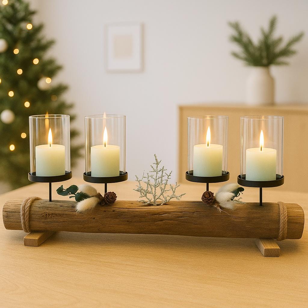 Handgemachter Treibholz-Kerzenhalter mit vier Glaszylinder, Eukalyptus und winterlicher Deko von Treibholzzauber79.