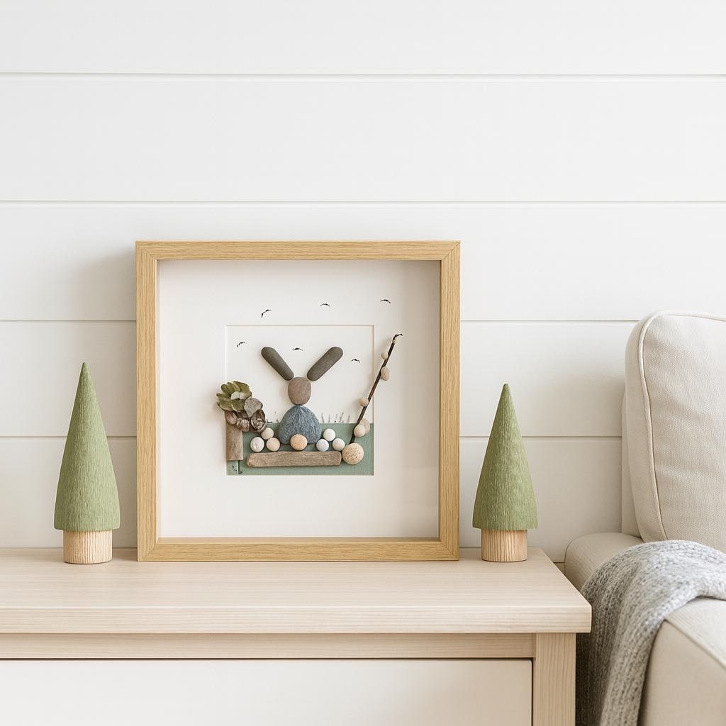 Steinbild als Geschenk zur Geburt oder zum Einzug, dekorativ präsentiert im nordischen Wohnzimmer von Treibholzzauber79