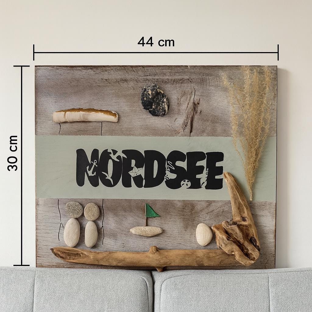 Nordsee Wandbild 44x30 cm im Größenvergleich an Wohnwand über Sofa im skandinavischen Stil