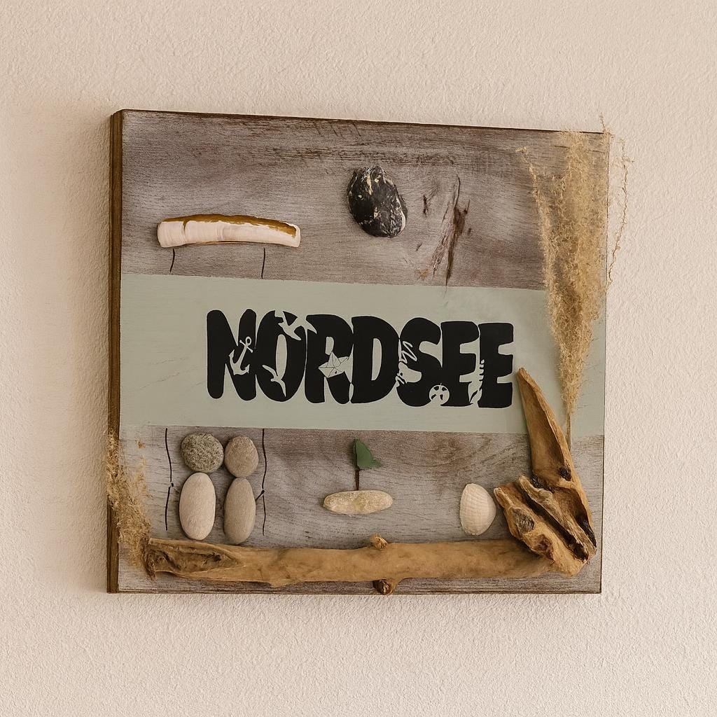 Nordsee Wandschild aus antiker Eiche aufgehängt an heller Wand im nordischen Wohnstil