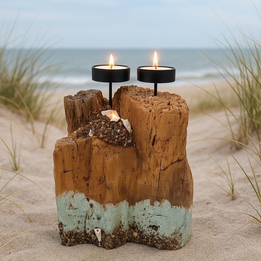 Maritimer Treibholz-Kerzenhalter mit zwei brennenden Teelichtern, platziert in sandigen Dünen vor dem Meer.