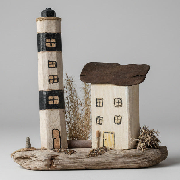 Leuchtturm und Küstenhaus aus Treibholz handgefertigt mit Muschelwegen und Strandgräsern von Treibholzzauber79
