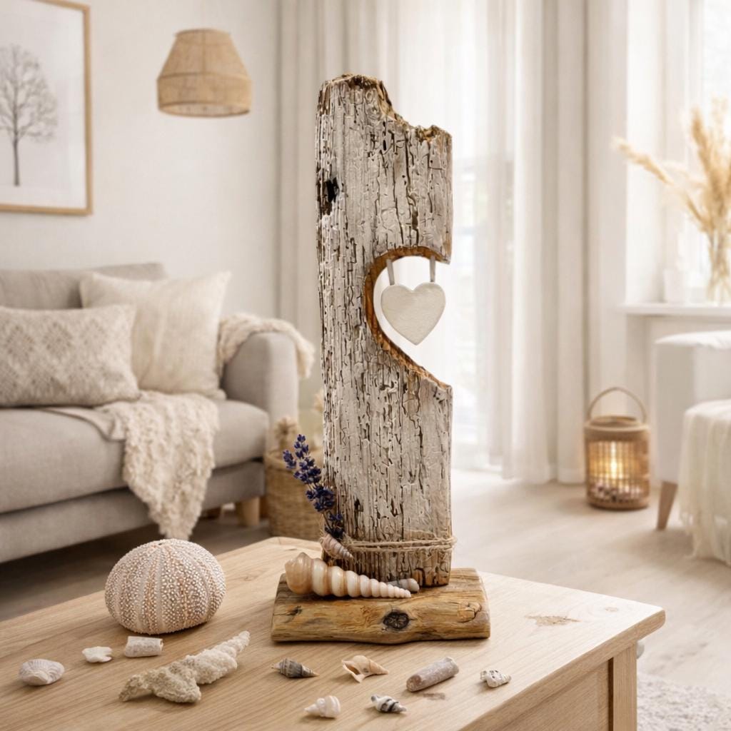 Handgefertigte maritime Treibholz Deko mit Herz Ausschnitt, weißem Holzherz, Muschel und Trockenblumen im nordischen Stil.