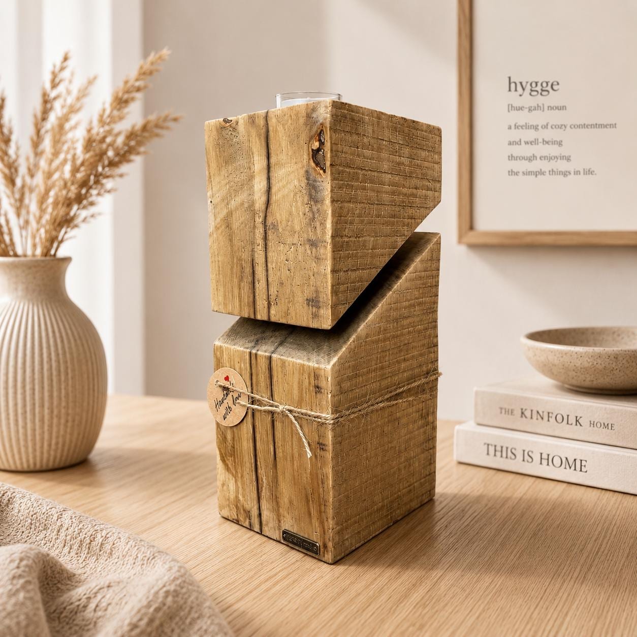 Rustikale Holzvase aus massiver Eiche für Trockenblumen und Dekozweige