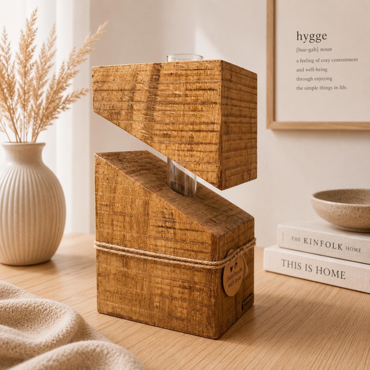 Handgemachte Holzvase aus Eiche mit modernem geometrischem Design