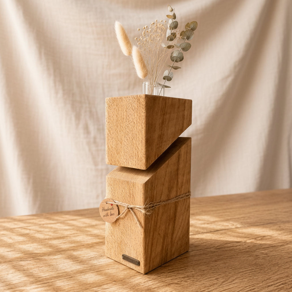 Minimalistische Vase mit Reagenzglas aus Eiche für Boho und Nordic Wohnstil