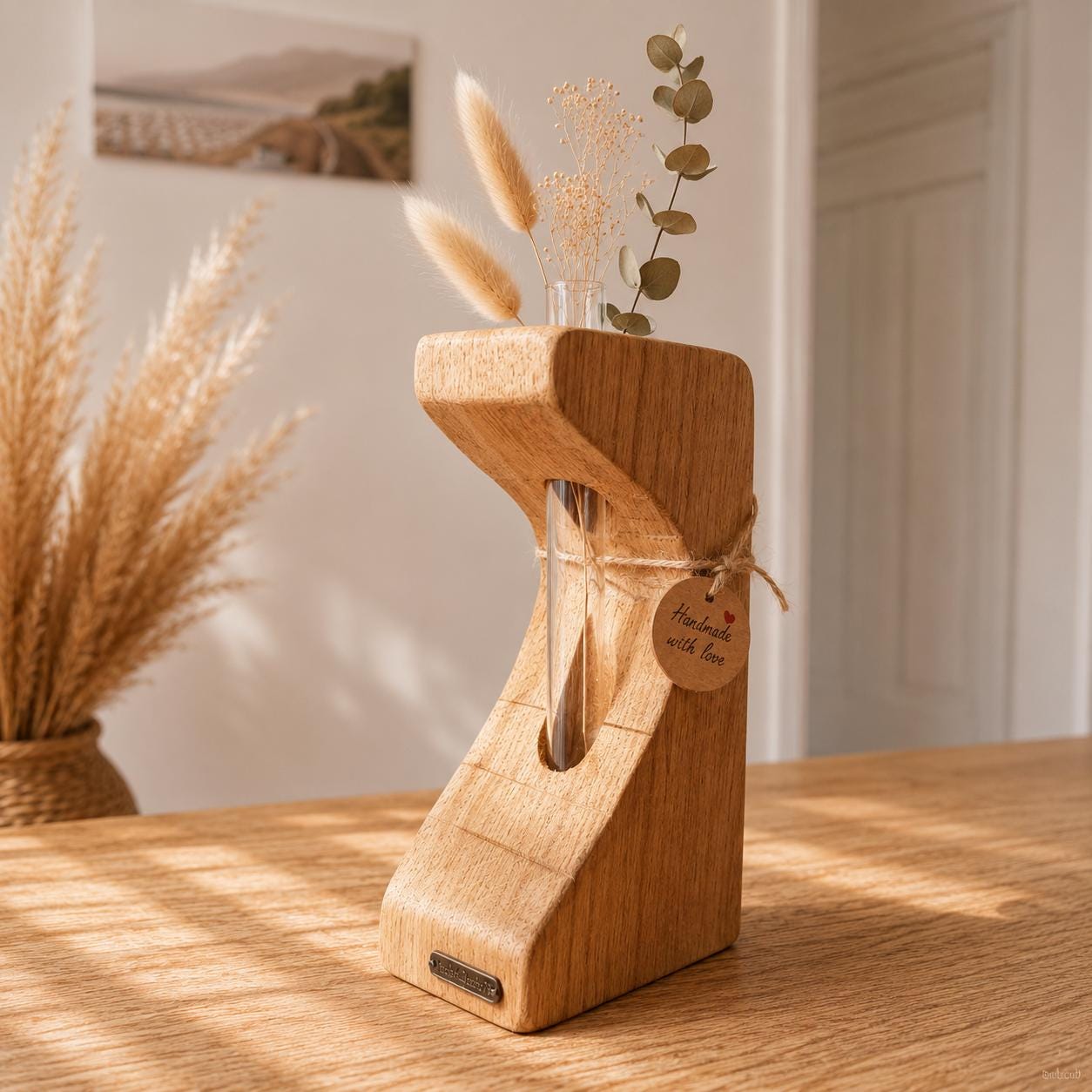 Handgefertigte Designvase aus Eichenholz mit Reagenzglas im skandinavischen Wohnstil dekoriert