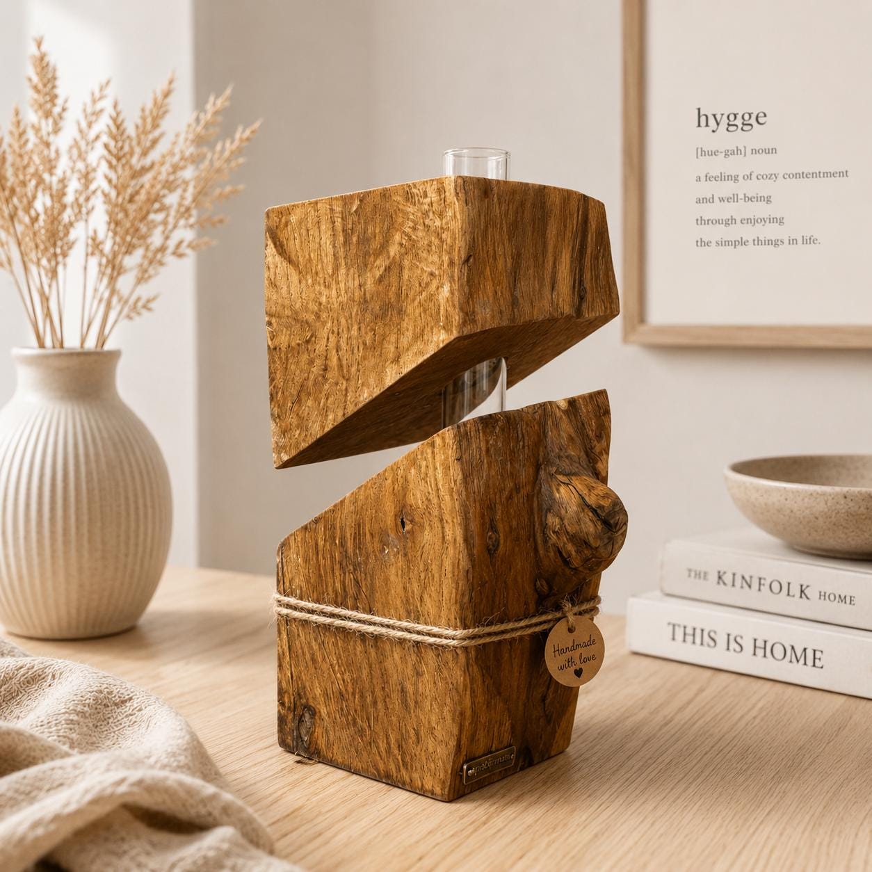 Skandinavische Holzvase aus Eiche mit schwebender Form und Glaszylinder