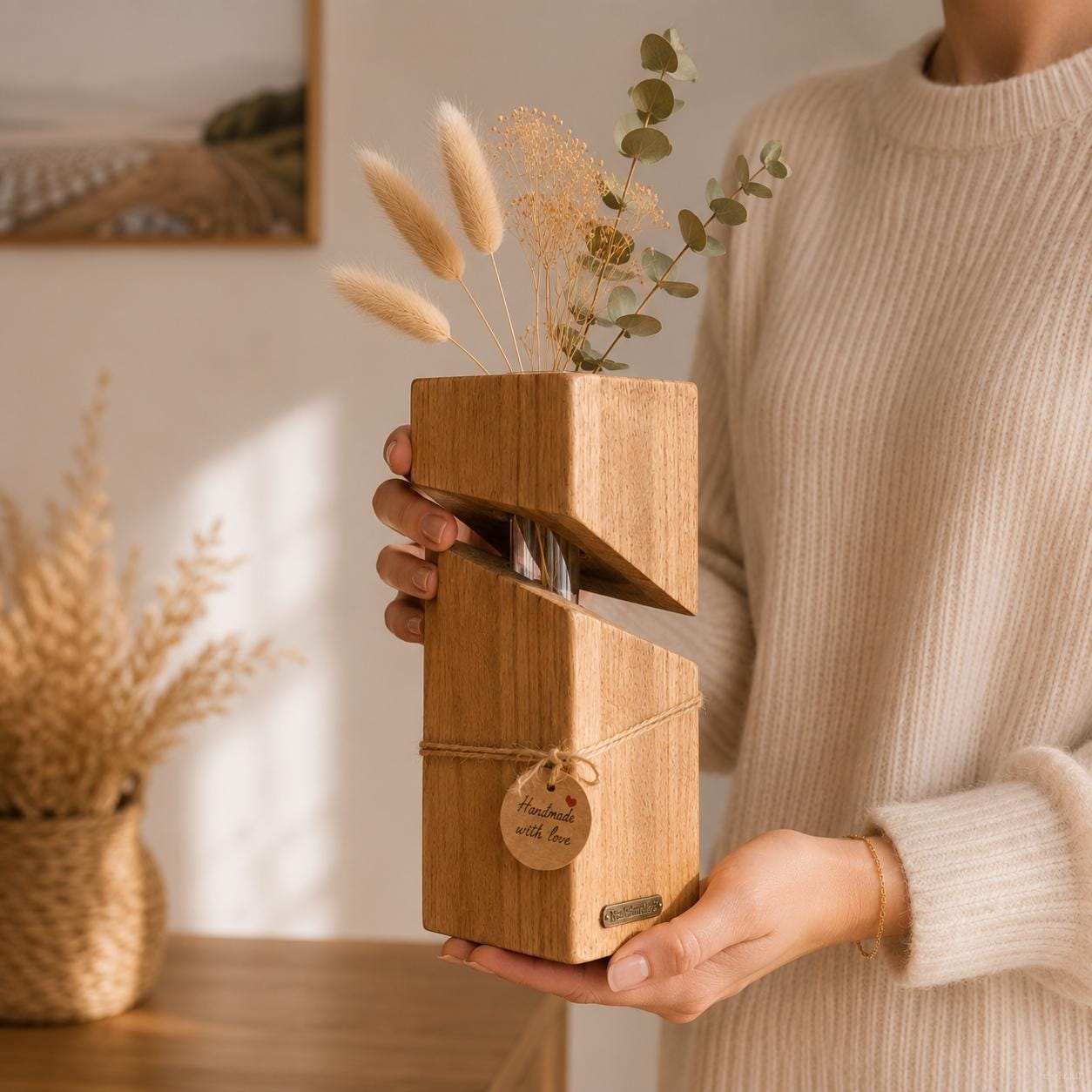 Handgefertigte Designvase aus Eichenholz mit Reagenzglas als Größenvergleich in der Hand gehalten