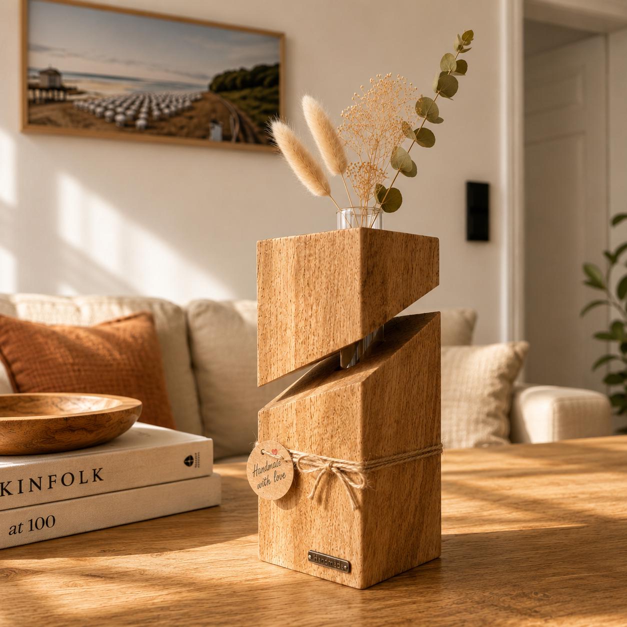 Holzvase aus Eichenholz mit Reagenzglas und Trockenblumen im skandinavischen Wohnstil