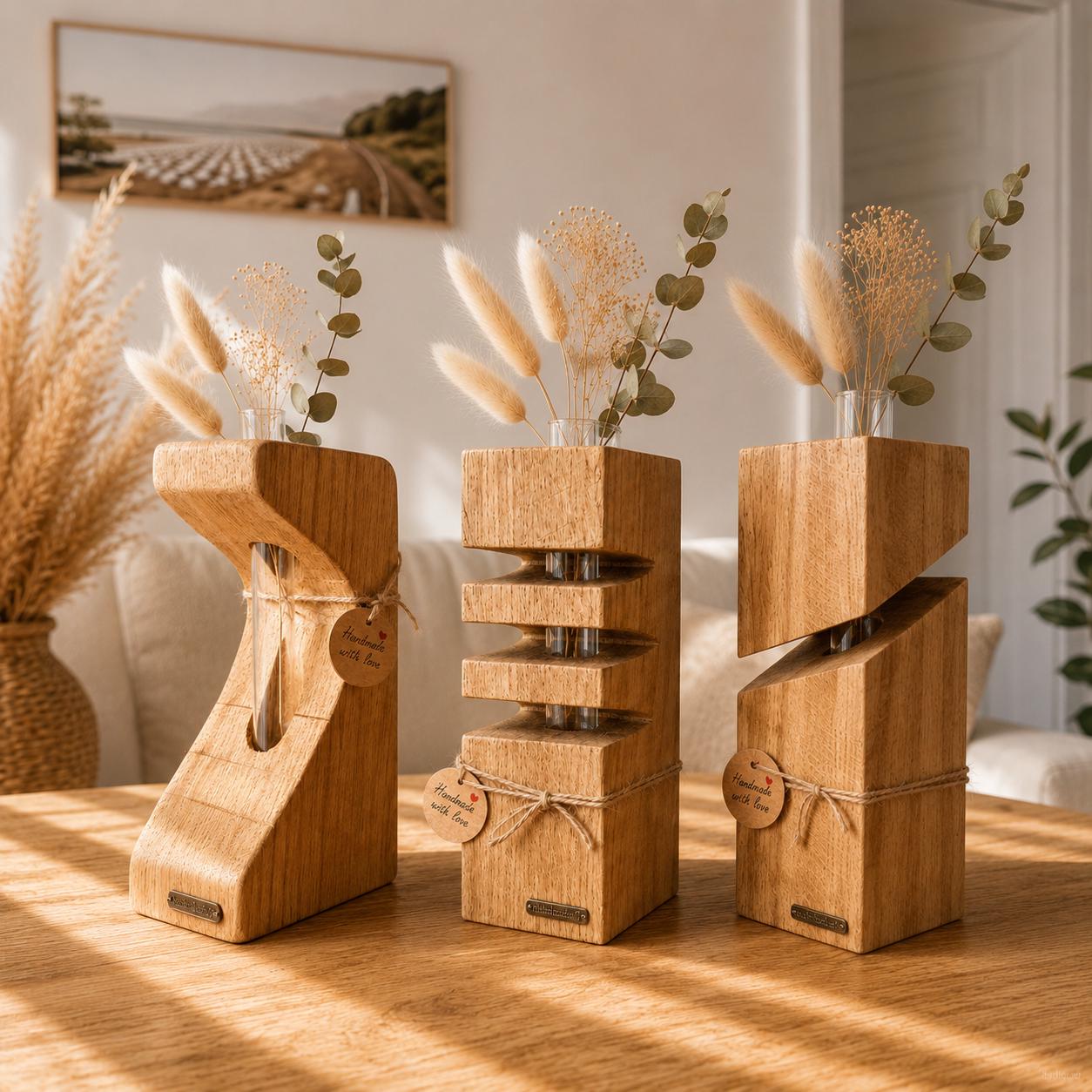 Moderne Holzvasen aus Eichenholz mit Trockenblumen als Boho Wohnaccessoires