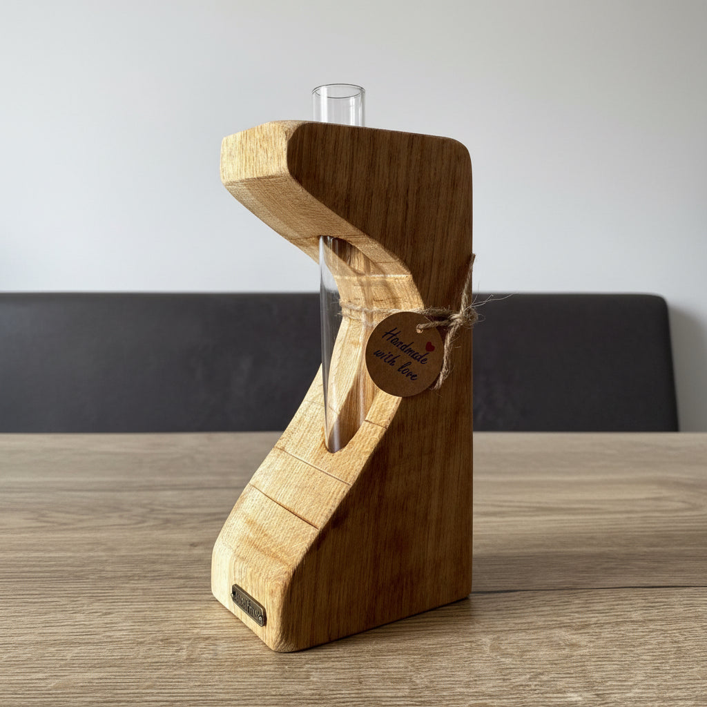 Skulpturale Eichenholzvase mit geschwungener Form und Reagenzglas als nordisches Wohnaccessoire