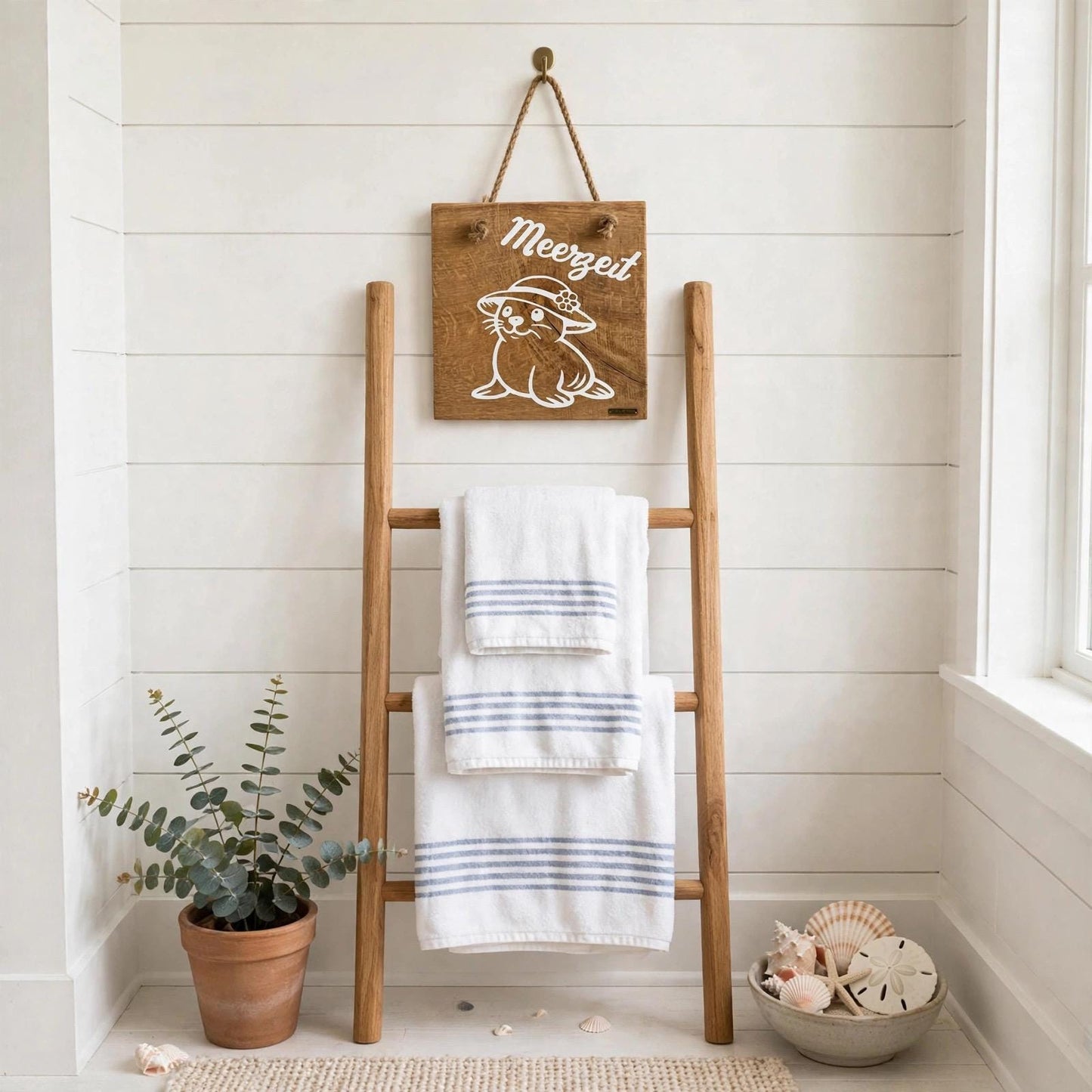 Maritimes Badezimmer Deko – Holzschild Meerzeit Eiche 20x20 an Handtuchleiter über gestreiften Handtüchern – Küsten Deko Bad Milo & Mila